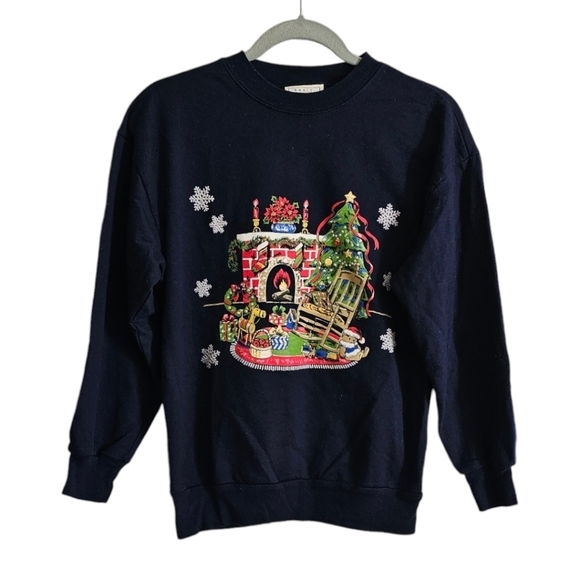 Vintage 1990s Basic Editions Navy Christmas Tree Sweatshirt  Size Small - Picture 1 of 8